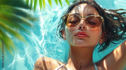 Serene young woman relaxing in turquoise pool water, wearing stylish sunglasses and surrounded by lush green palm leaves in sunlit summer ambiance. photo