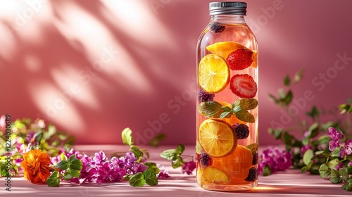 Refreshing fruit-infused water bottle, pink background, sunlight, flowers. Healthy drink photo