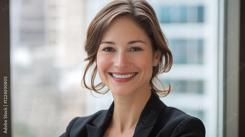 Professional Middle-Aged Businesswoman Smiling Confidently in Modern Office with Cityscape Background and Natural Light Professional Middle-Aged Businesswoman Smiling Confidently in Modern Office with Cityscape Background and Natural Light
