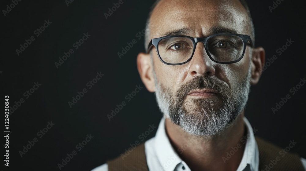 Mature businessman with glasses and beard in formal attire against a dark background, emphasizing professionalism and confidence in a corporate setting. Mature businessman with glasses and beard in formal attire against a dark background, emphasizing professionalism and confidence in a corporate setting.