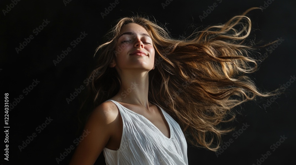 Naklejka premium carefree young woman with long flowing hair wearing a white dress posing against a dramatic black background capturing vibrant energy and joy