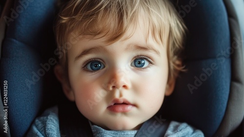 Caucasian toddler boy with blue eyes seated in a gray car seat wearing a gray shirt, capturing innocence and curiosity in a cozy interior setting. photo