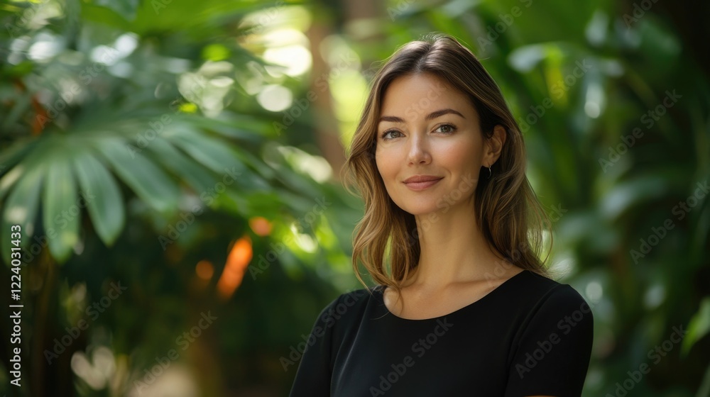 Elegant woman in black outfit posing confidently amidst lush green foliage in a tropical garden setting, natural light highlighting her features. Elegant woman in black outfit posing confidently amidst lush green foliage in a tropical garden setting, natural light highlighting her features.