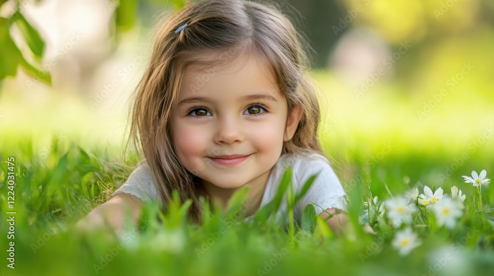smiling young girl with long brown hair in a gray shirt relaxing on vibrant green grass with white flowers in a sunny park setting smiling young girl with long brown hair in a gray shirt relaxing on vibrant green grass with white flowers in a sunny park setting