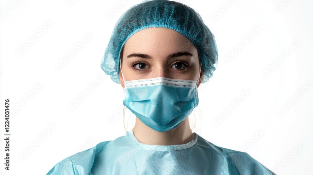 Medical professional in blue surgical attire and mask standing against a bright white background, conveying a sense of care and professionalism. Medical professional in blue surgical attire and mask standing against a bright white background, conveying a sense of care and professionalism.