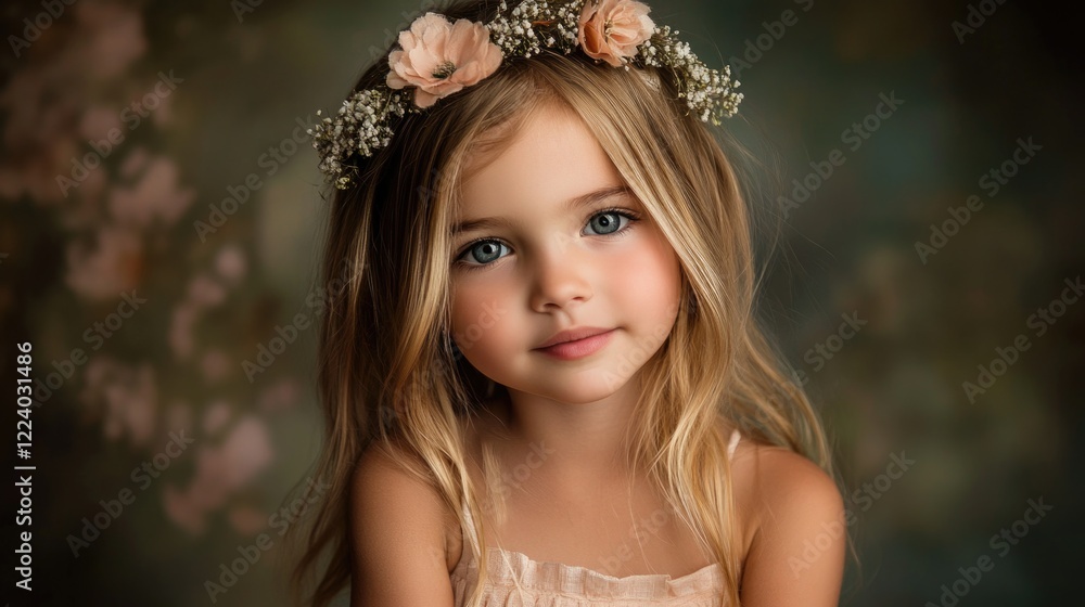 Fototapeta premium Charming young girl with long blonde hair wearing a floral crown, soft pink dress, posing in a serene studio setting with a blurred background.