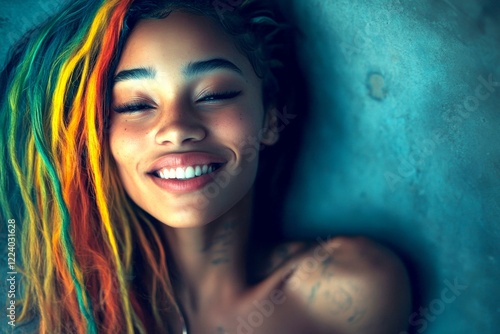 Lovely smiling mixed-race girl - for ads, advertisement and internet networks use. Long trim - multicolored hair. Commercial marketing creative. Colored hair artistic models. Black girl models. photo