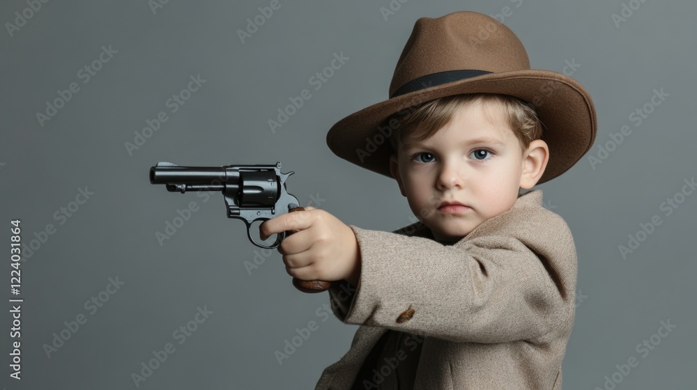 Adorable young boy dressed as a detective holding a toy revolver against a neutral grey background, wearing a tan overcoat and brown hat. Adorable young boy dressed as a detective holding a toy revolver against a neutral grey background, wearing a tan overcoat and brown hat.