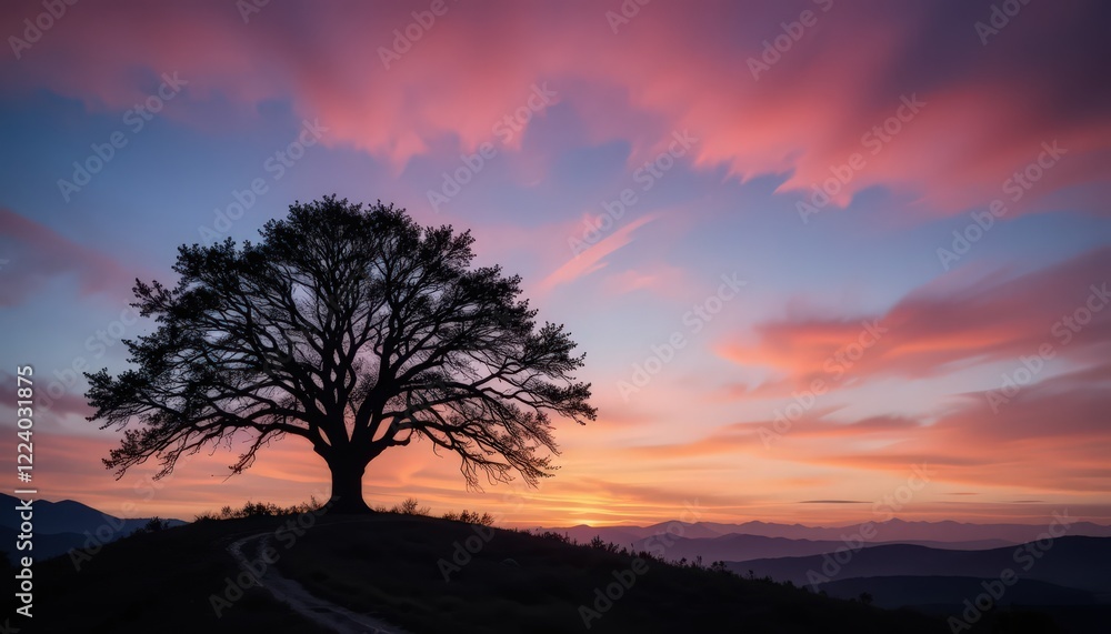 Fototapeta premium Majestic Silhouette of a Tree at Sunset Over a Mountain Ridge