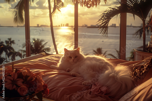 luxurious s cat bedroom, a ragdoll cat lounges on plush pink bedding in a luxurious bedroom with a view of miamis ocean in sunrise illuminates the room with tropical decor and pastel colors photo