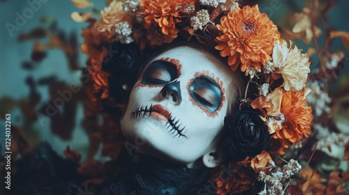 Ethereal woman with painted skull face wearing colorful flower crown in autumnal setting reflecting Halloween and literary themes. photo