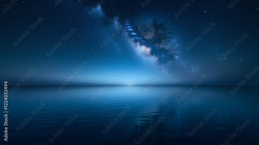Fototapeta premium A starry sky reflected on a calm ocean, creating a serene and tranquil night scene.