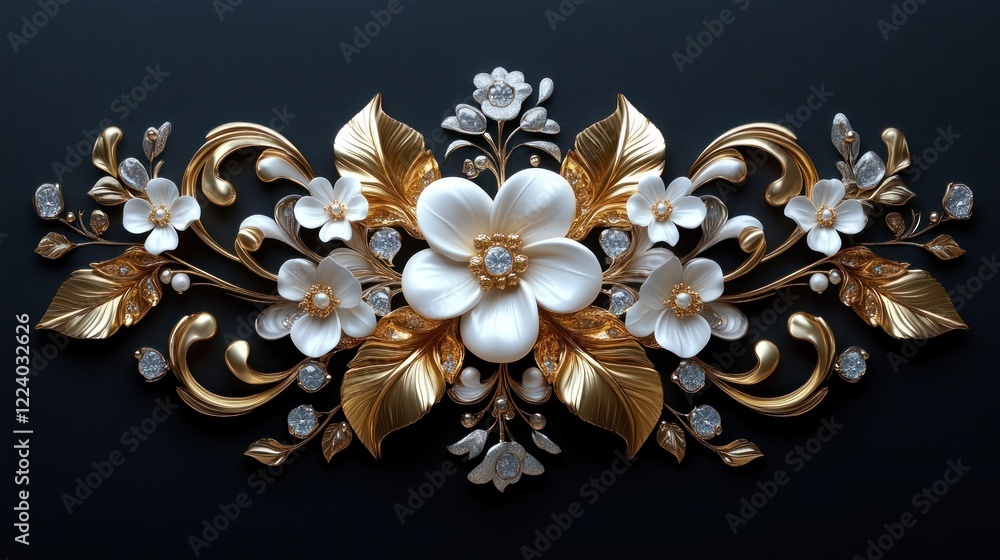 Fototapeta premium Gold floral design, dark background, 3D render, invitation