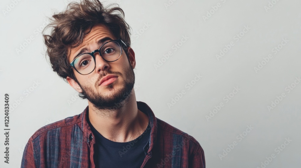 Thoughtful young man with curly hair and glasses in plaid shirt posing against neutral background, reflecting on creative ideas and inspiration. Thoughtful young man with curly hair and glasses in plaid shirt posing against neutral background, reflecting on creative ideas and inspiration.