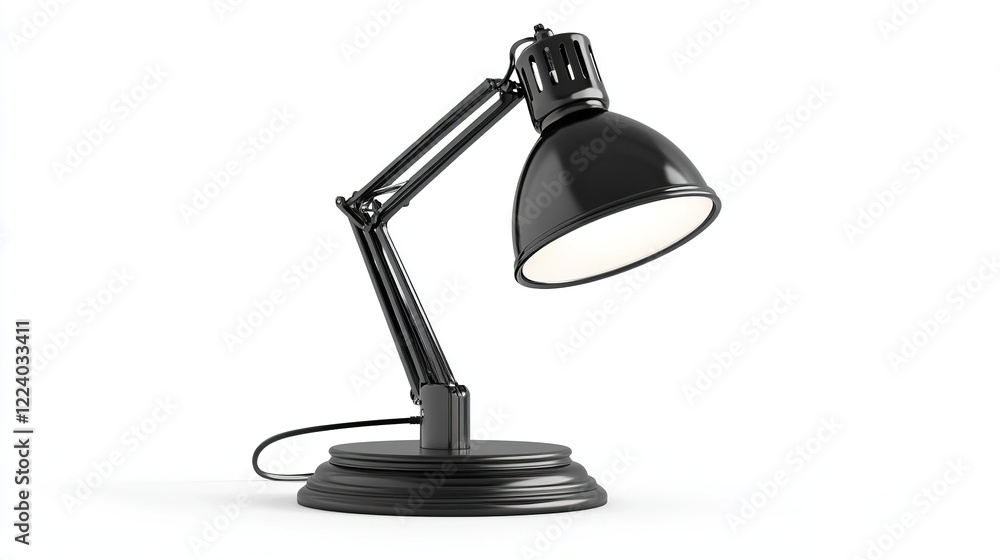 Black desk lamp illuminated, white background, workspace Black desk lamp illuminated, white background, workspace