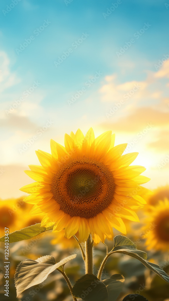Fototapeta premium vibrant sunflower stands tall in golden field, basking in sunlight
