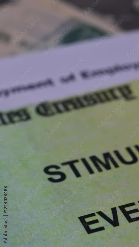 Stimulus relief checks are laid out on pile of cash, symbolizing economic support during financial crises. Stimulus relief checks are laid out on pile of cash, symbolizing economic support during financial crises.