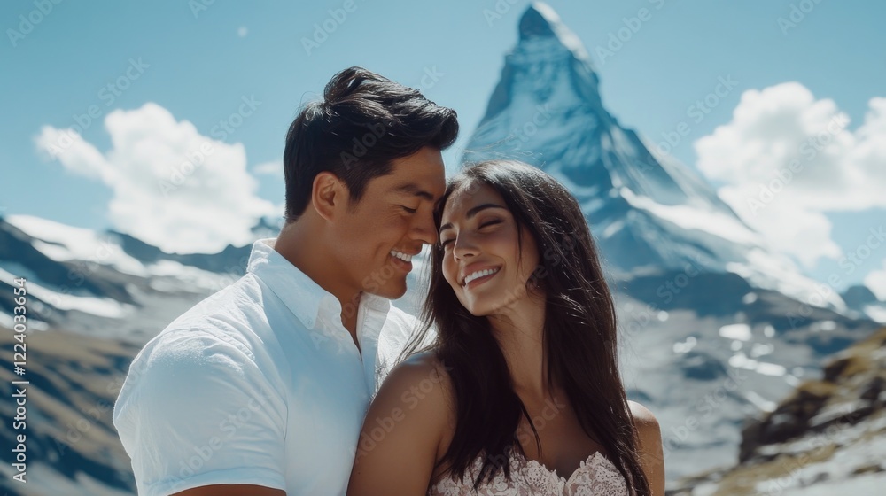 Romantic couple embracing in front of Matterhorn mountain in Switzerland, sunny day with blue sky and fluffy white clouds, joyful expressions. Romantic couple embracing in front of Matterhorn mountain in Switzerland, sunny day with blue sky and fluffy white clouds, joyful expressions.