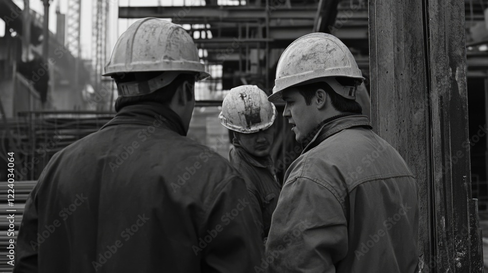 Construction Workers in Protective Helmets Engaged in Discussion at Steel Fabrication Site with Industrial Framework and Safety Gear in Monochrome Tones Construction Workers in Protective Helmets Engaged in Discussion at Steel Fabrication Site with Industrial Framework and Safety Gear in Monochrome Tones