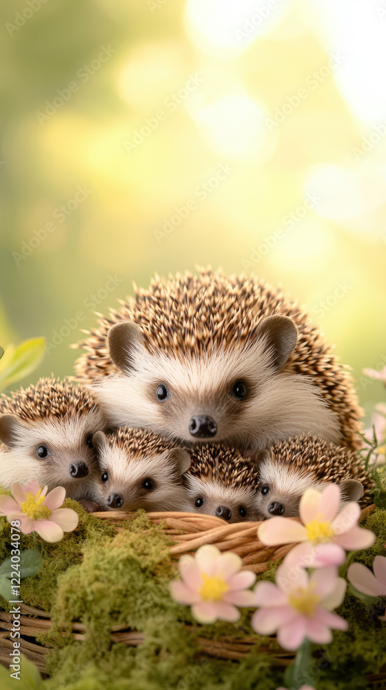 family of hedgehogs nestled together in soft moss and flowers family of hedgehogs nestled together in soft moss and flowers