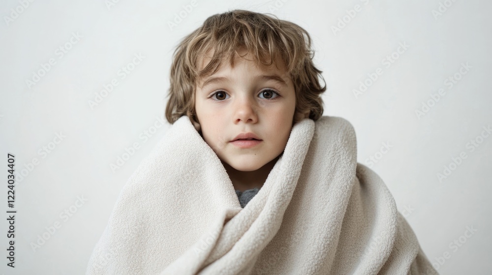Young boy wrapped in soft beige blanket with curly hair, gazing thoughtfully against a minimalistic white background. Young boy wrapped in soft beige blanket with curly hair, gazing thoughtfully against a minimalistic white background.