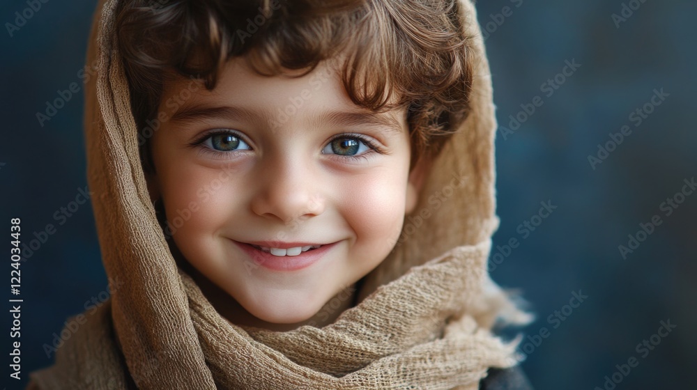 Smiling Young Boy with Curly Brown Hair Wrapped in a Beige Scarf Against a Soft Blue Background in Studio Setting Smiling Young Boy with Curly Brown Hair Wrapped in a Beige Scarf Against a Soft Blue Background in Studio Setting
