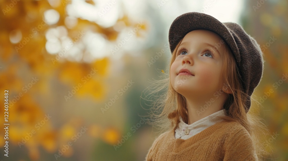 Young girl wearing a stylish hat gazing upwards amidst vibrant golden autumn trees in a serene outdoor setting capturing the essence of fall. Young girl wearing a stylish hat gazing upwards amidst vibrant golden autumn trees in a serene outdoor setting capturing the essence of fall.