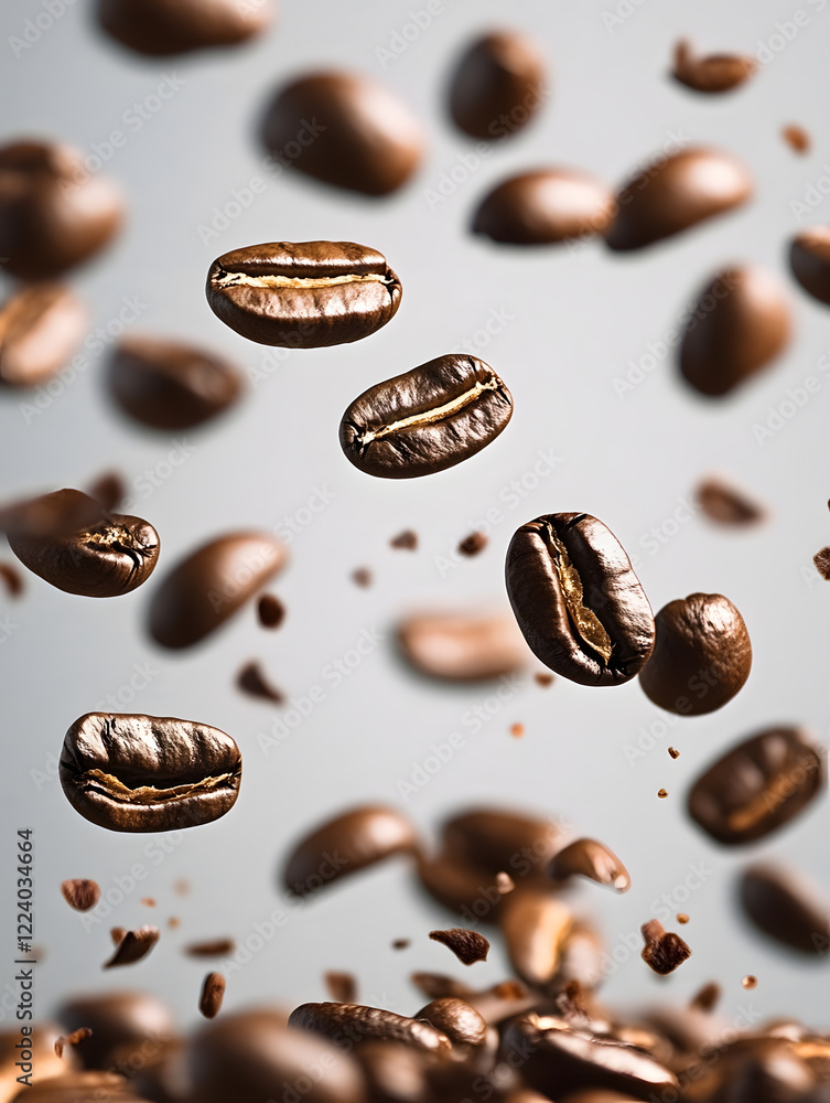 Dynamic Floating Coffee Beans in Motion Against Neutral Background : Generative AI Dynamic Floating Coffee Beans in Motion Against Neutral Background : Generative AI