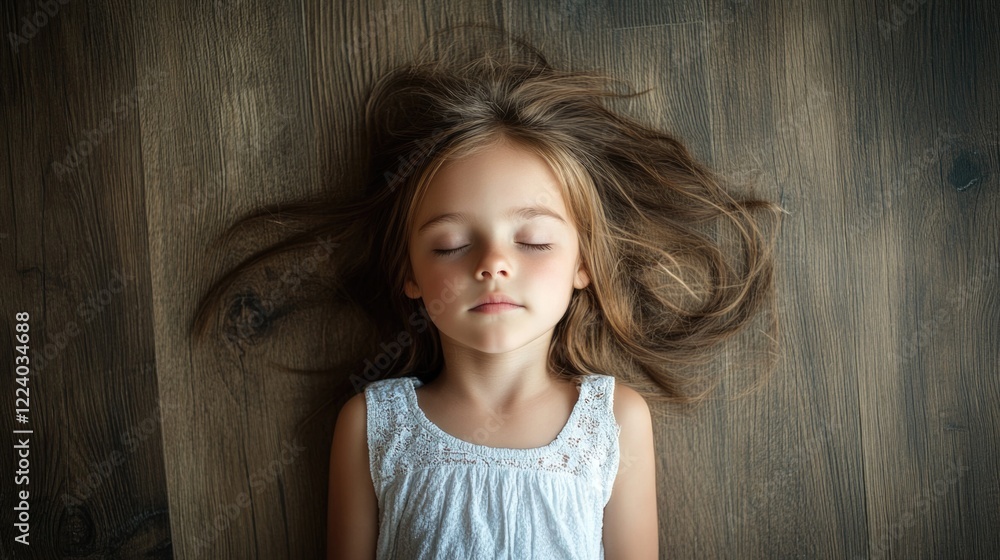 Young girl with long brown hair lying peacefully on a rustic wooden floor, captured from above, wearing a white sleeveless dress, serene expression. Young girl with long brown hair lying peacefully on a rustic wooden floor, captured from above, wearing a white sleeveless dress, serene expression.