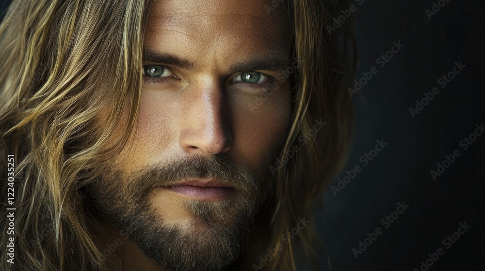 Bearded man with long hair and striking blue eyes showcasing facial care against a dark background, emphasizing grooming and personal care. Bearded man with long hair and striking blue eyes showcasing facial care against a dark background, emphasizing grooming and personal care.