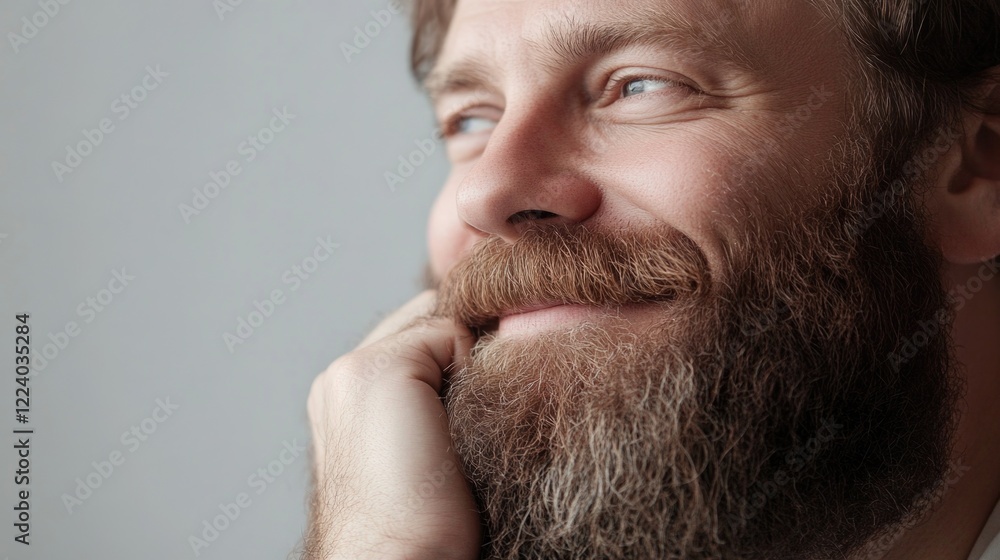 Obraz premium Close-up portrait of smiling middle-aged man with beard resting chin on hand in thoughtful expression against neutral background, conveying contentment and reflection.