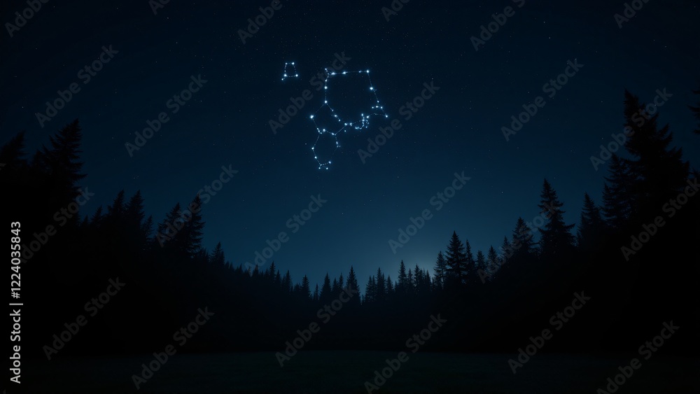 A constellation of stars visible over a dark forest clearing, framed by silhouetted trees. A constellation of stars visible over a dark forest clearing, framed by silhouetted trees.