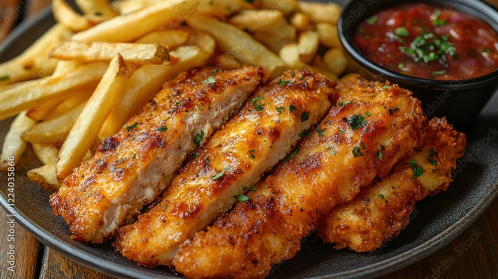 Crispy Chicken Tenders with French Fries and Salsa Crispy Chicken Tenders with French Fries and Salsa