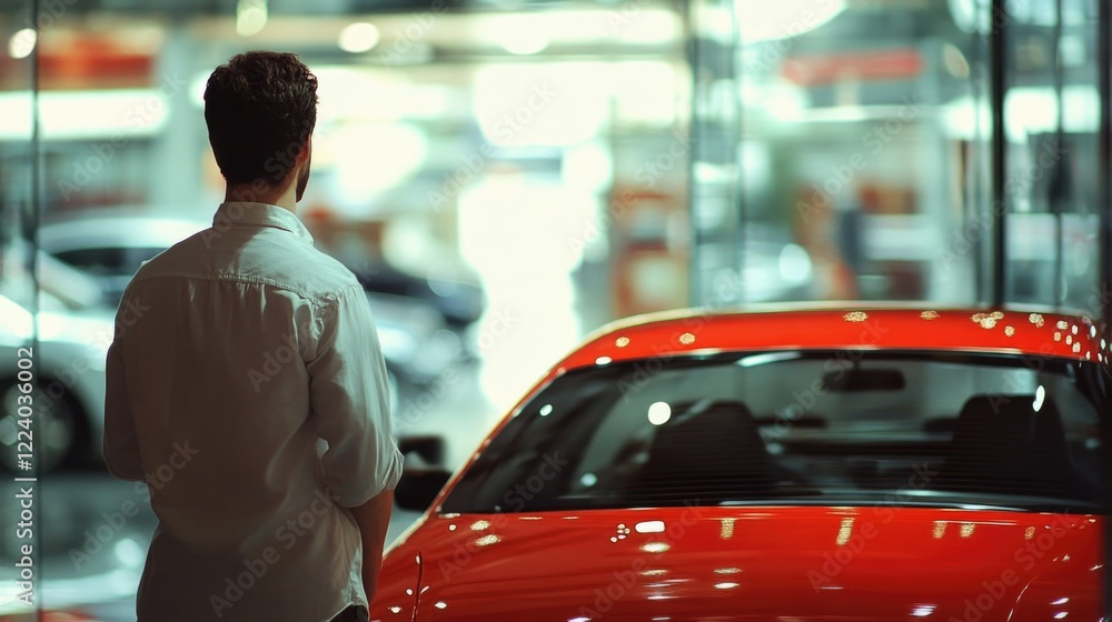 Naklejka premium Man examining a sleek red car in a modern car dealership showroom with bright lighting reflecting on glass surfaces.