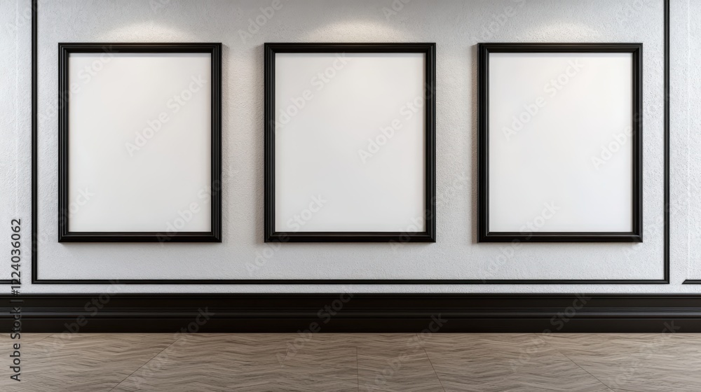 Empty Picture Frames on a White Wall Ready for Artwork Display in a Modern Gallery Interior Design Concept Empty Picture Frames on a White Wall Ready for Artwork Display in a Modern Gallery Interior Design Concept