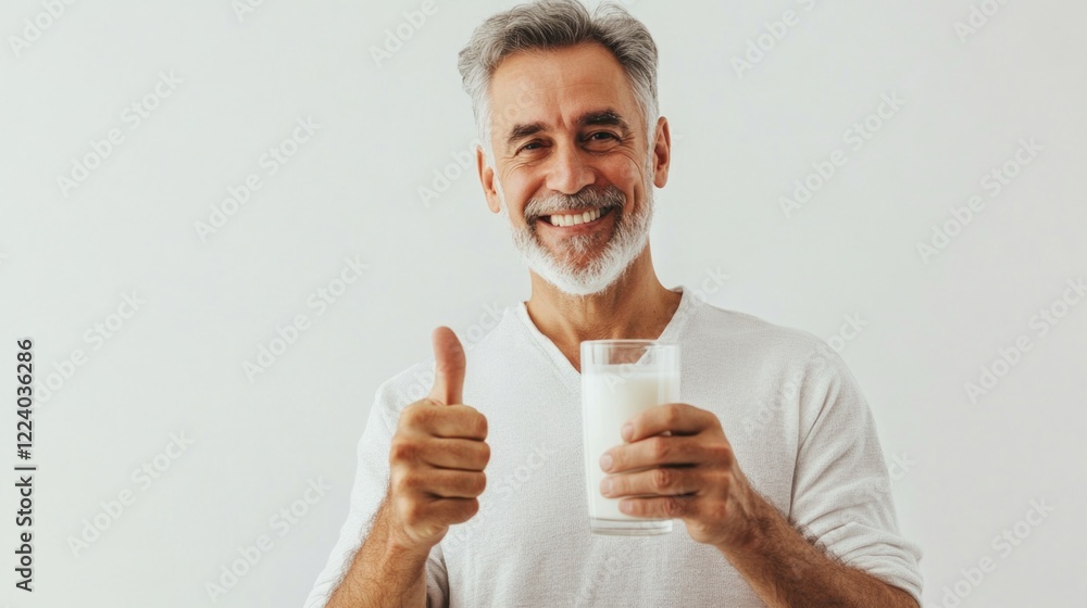 Smiling mature man with gray hair holding glass of milk and giving thumbs up gesture on bright white background Smiling mature man with gray hair holding glass of milk and giving thumbs up gesture on bright white background