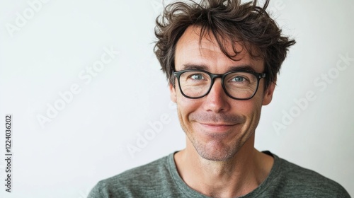 Playful middle-aged man with curly hair and glasses smiling humorously against a light neutral background showcasing personality and charm. photo