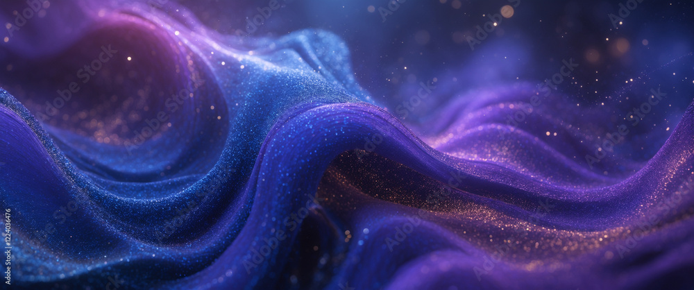 Obraz premium Abstract waves of glowing purple and blue with sparkling particles, resembling a cosmic or ethereal landscape.