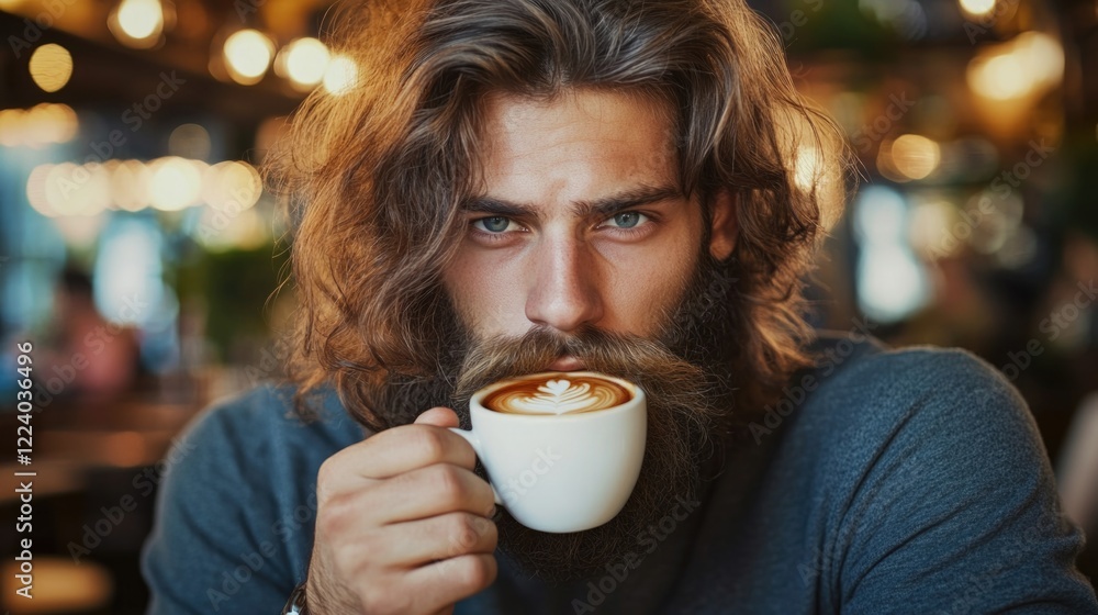 Stylish long-haired bearded man with blue eyes enjoying espresso in cozy café ambiance, serious expression, warm tones, modern interior lighting. Stylish long-haired bearded man with blue eyes enjoying espresso in cozy café ambiance, serious expression, warm tones, modern interior lighting.