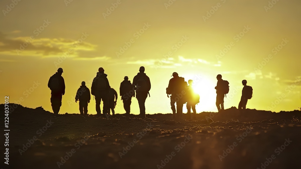 Fototapeta premium Engineer and construction team at work, silhouetted against a warm sunset, embodying teamwork and progress in industrial settings.
