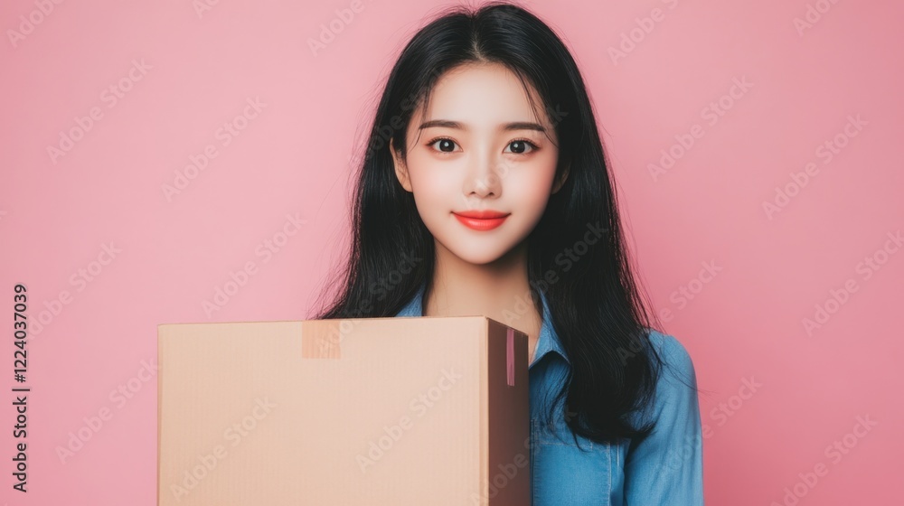 Portrait of a beautiful young Asian woman holding a cardboard box for shipping against a soft pink background, featuring a warm smile and casual attire.