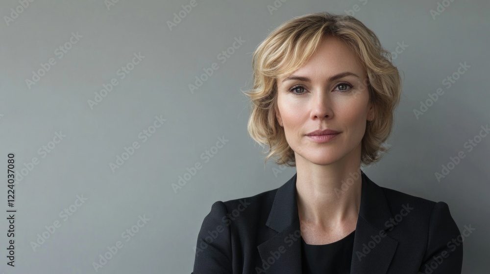Professional portrait of a middle-aged woman with short blonde hair wearing a black suit against a soft grey background with ample copy space. Professional portrait of a middle-aged woman with short blonde hair wearing a black suit against a soft grey background with ample copy space.