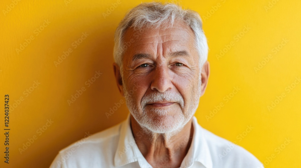 Expressive Caucasian senior man with gray hair and beard in white shirt smiling against vibrant yellow wall at home reflecting human emotions