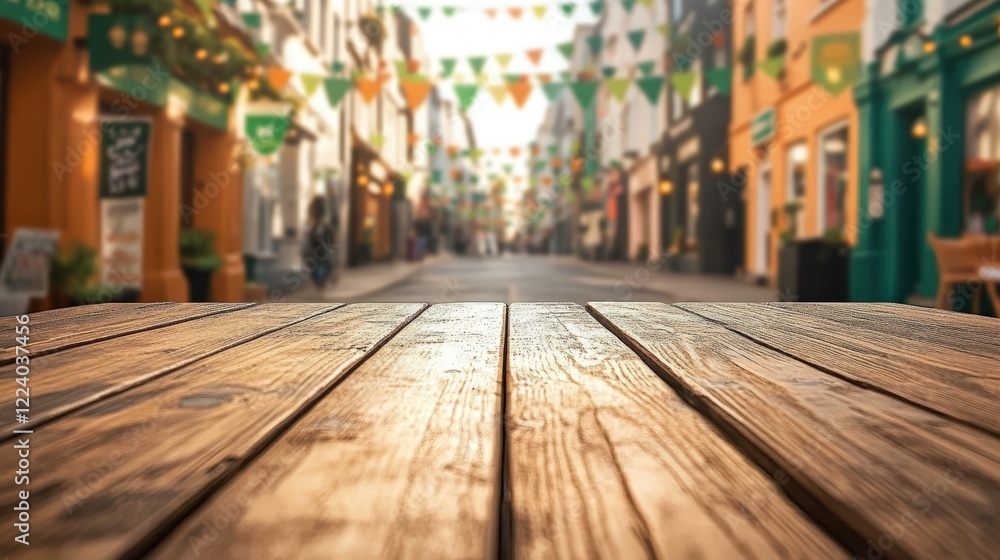 Wooden Tabletop Overlooking a Colorful Festival Street Scene with Bunting Decorations and Blurred Background Ideal for Lifestyle and Event Imagery
