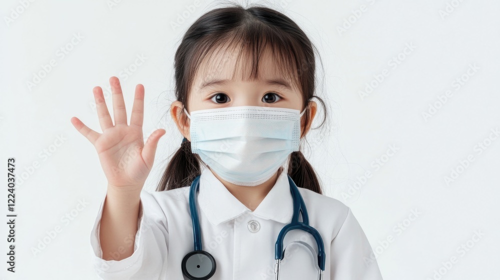 Asian little girl in medical uniform and stethoscope making stop gesture with hand wearing surgical mask isolated on white background Asian little girl in medical uniform and stethoscope making stop gesture with hand wearing surgical mask isolated on white background