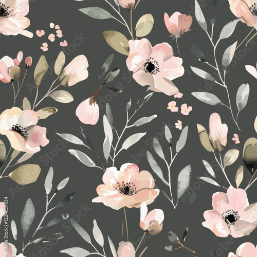 Cute blush pink and grey floral pattern on a dark grey background watercolor floral seamless pattern. Watercolor print in rustic vintage style, textile or wallpapers.