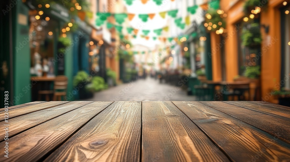 Empty Wooden Tabletop with Blurred Background of Festive Street Decor, Bokeh Lights, and Colorful Banners in a Cozy Outdoor Setting Empty Wooden Tabletop with Blurred Background of Festive Street Decor, Bokeh Lights, and Colorful Banners in a Cozy Outdoor Setting