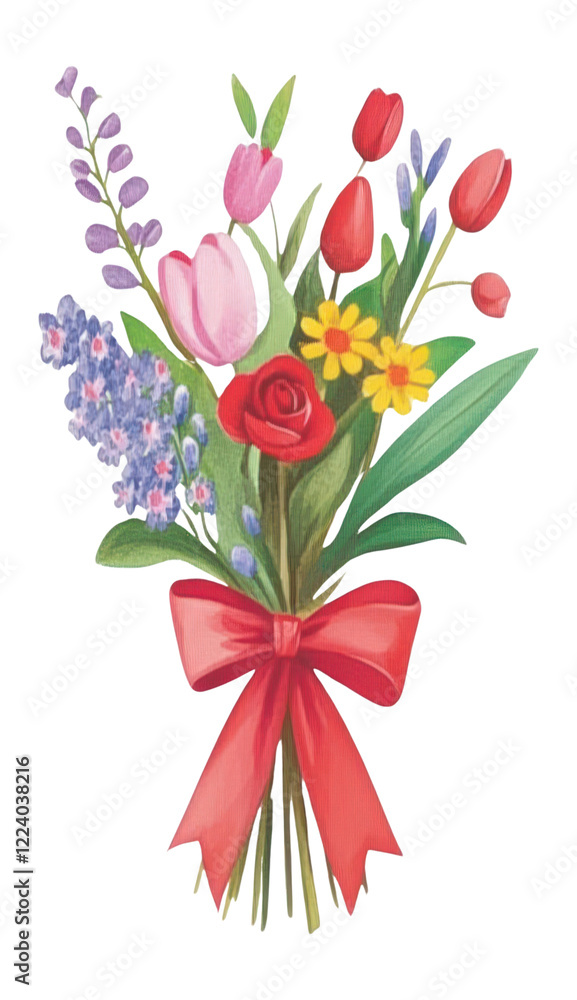 Obraz premium PNG Flower bouquet wrapped in paper with red ribbons flowers illustration arrangement.