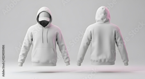 Blank White Hoodie Mockup with Cap Front and Back Views photo