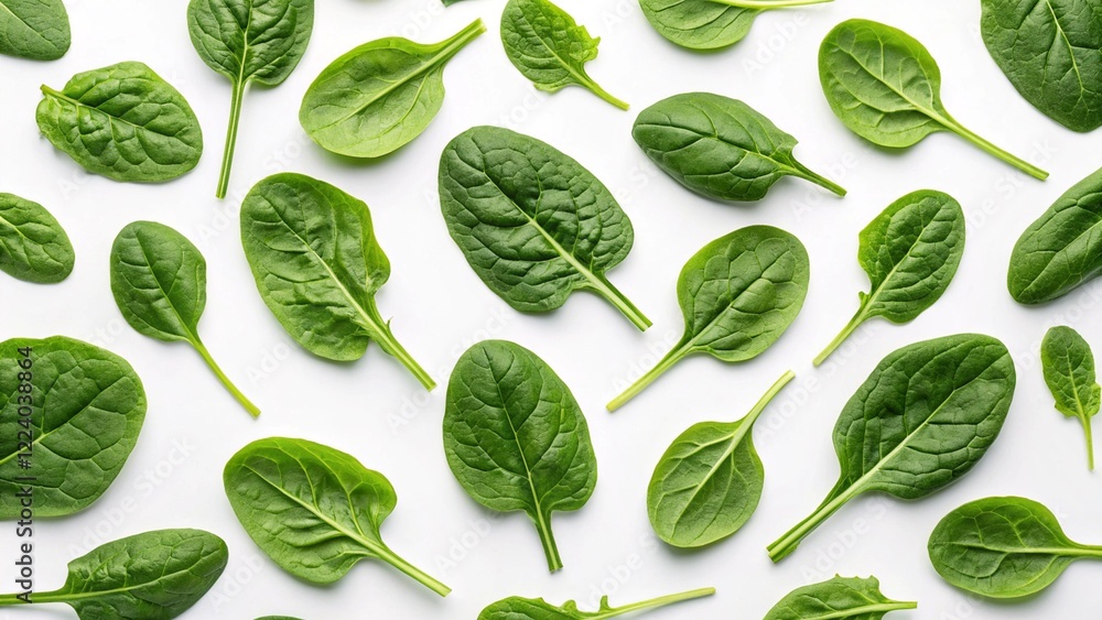 A pattern of fresh green spinach leaves on a white background A pattern of fresh green spinach leaves on a white background